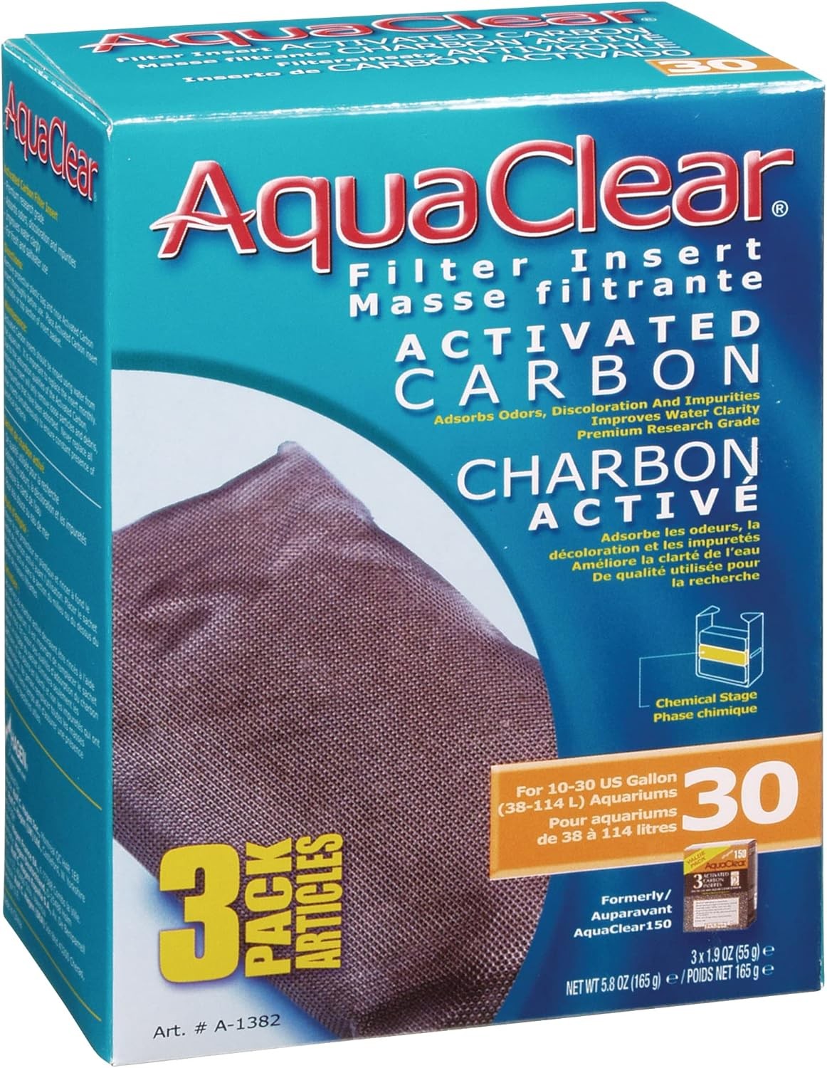 AquaClear A1382 Activated Carbon Insert, 30-Gallon Aquariums, 3 Pack, Oranges