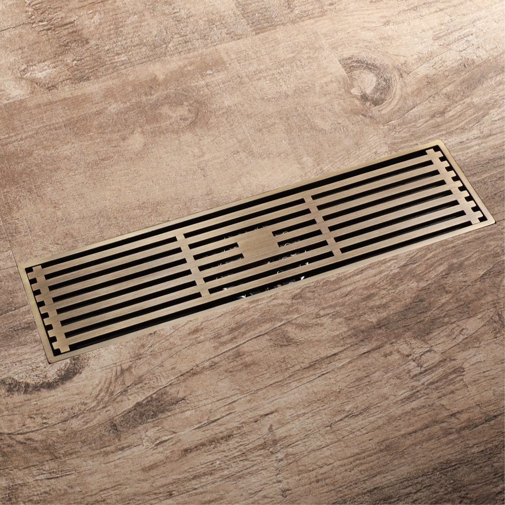 12-Inch Linear Shower Drain Brass Antique Rectangular Bathroom Floor Drain St...