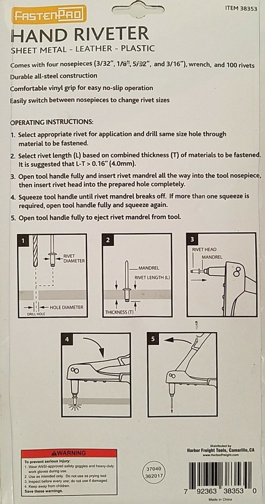 FastenPro Hand Riveter with 4 sizes Rivets