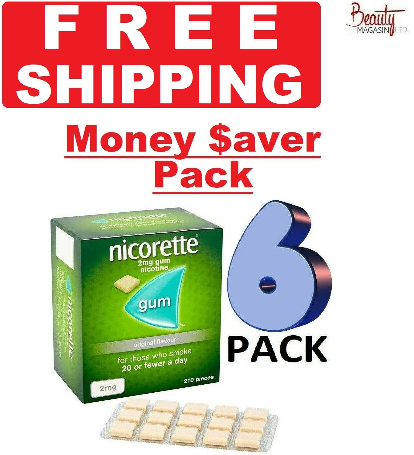 6 x Nicorette ORIGINAL Chewing Gum 2mg 210 Pieces "FREE SHIP TO USA"