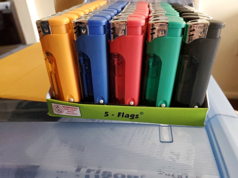 5-Flags Refillable Butane Lighter Assorted Colors with colored LED Flashlight