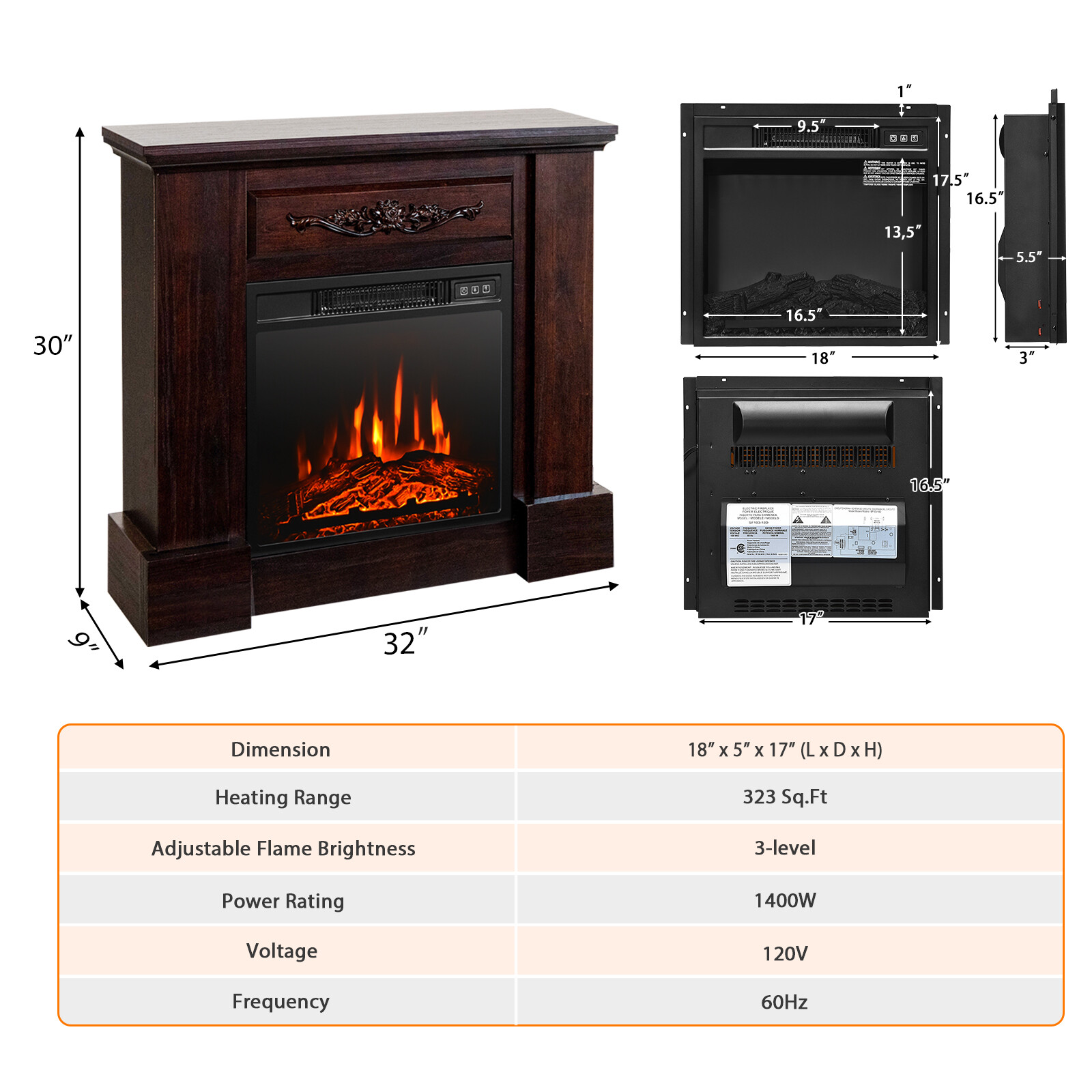 32" Heater Electric Fireplace Mantel TV Stand Space w/Remote Control 1400W