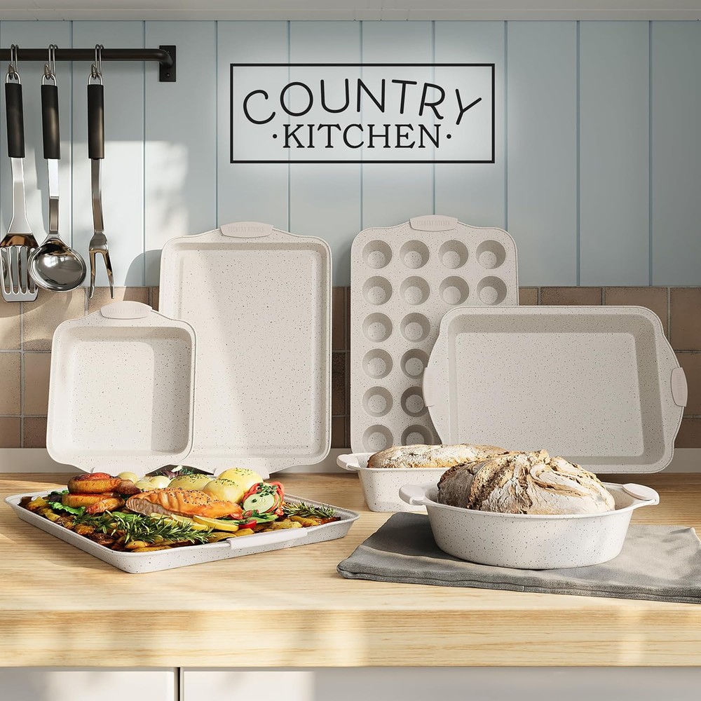 Country Kitchen Nonstick Stackable Bakeware Set - Durable, Easy 10 Pcs, Cream
