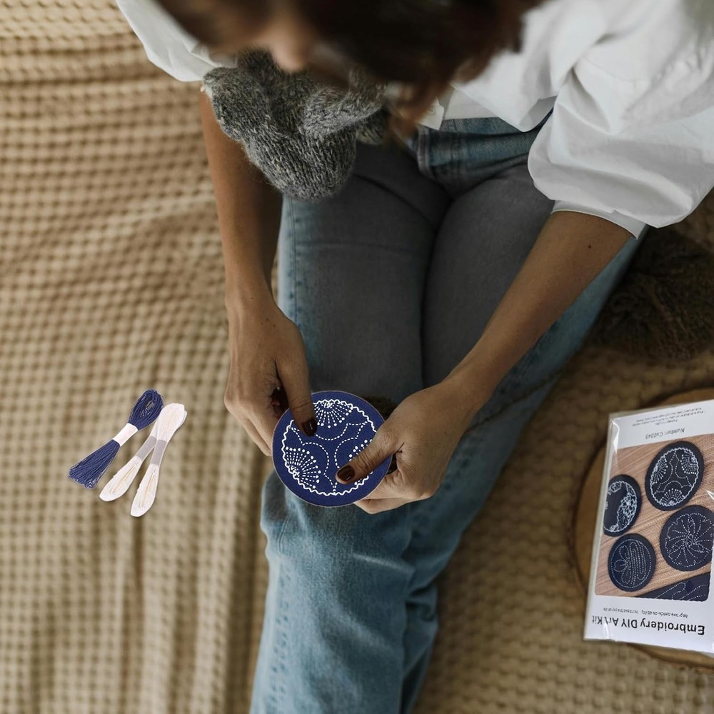 4 Set Sashiko Coasters DIY Kit with Pattern, Embroidery Medium, Navy blue