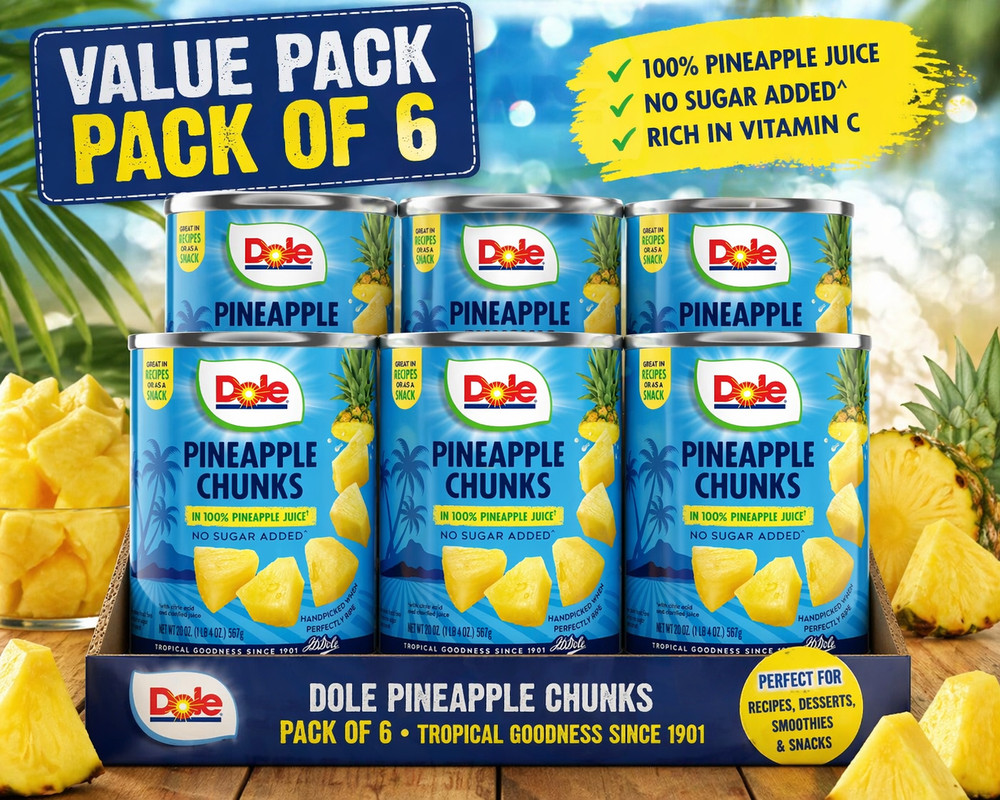 Dole Pineapple Chunks 6 Can Pack no sugar added