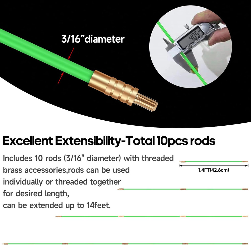 14FT Fiberglass Running Electrical Wire Cable Glow Rods Wire Pulling, Fish Rods