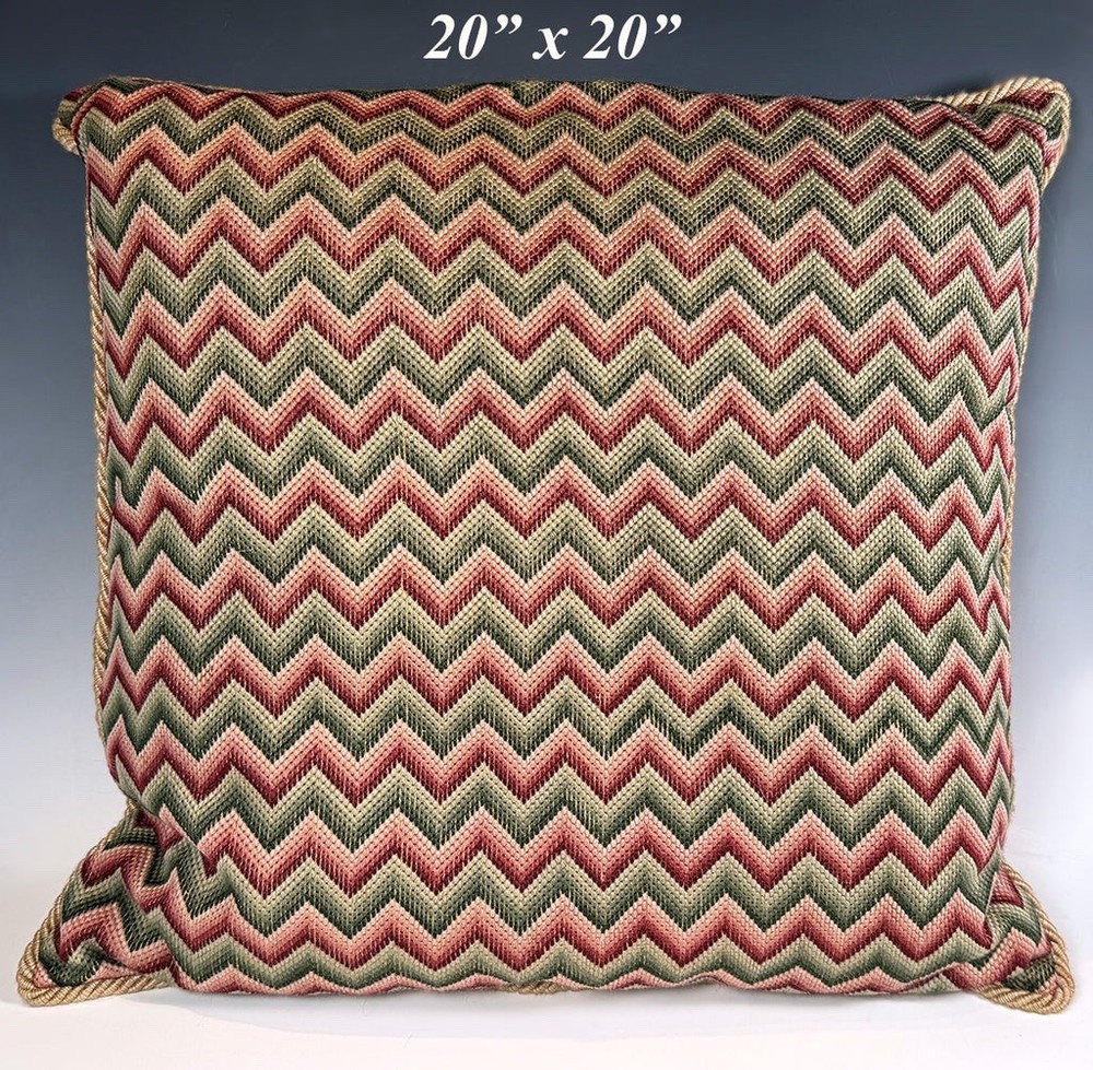 Antique British Needlepoint Topped 20" Square Throw Pillow, Down-Feather Insert