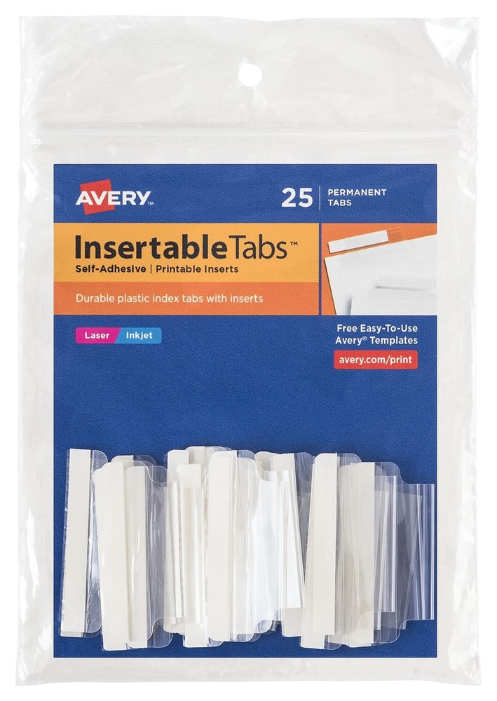 Avery Insertable Self-Adhesive Tabs with Printable Inserts, 2", Permanent