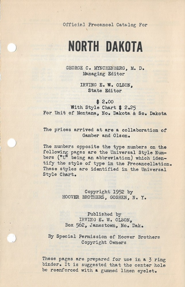 State General Precancel Catalogs: NORTH DAKOTA; Hoover Brothers, 1952