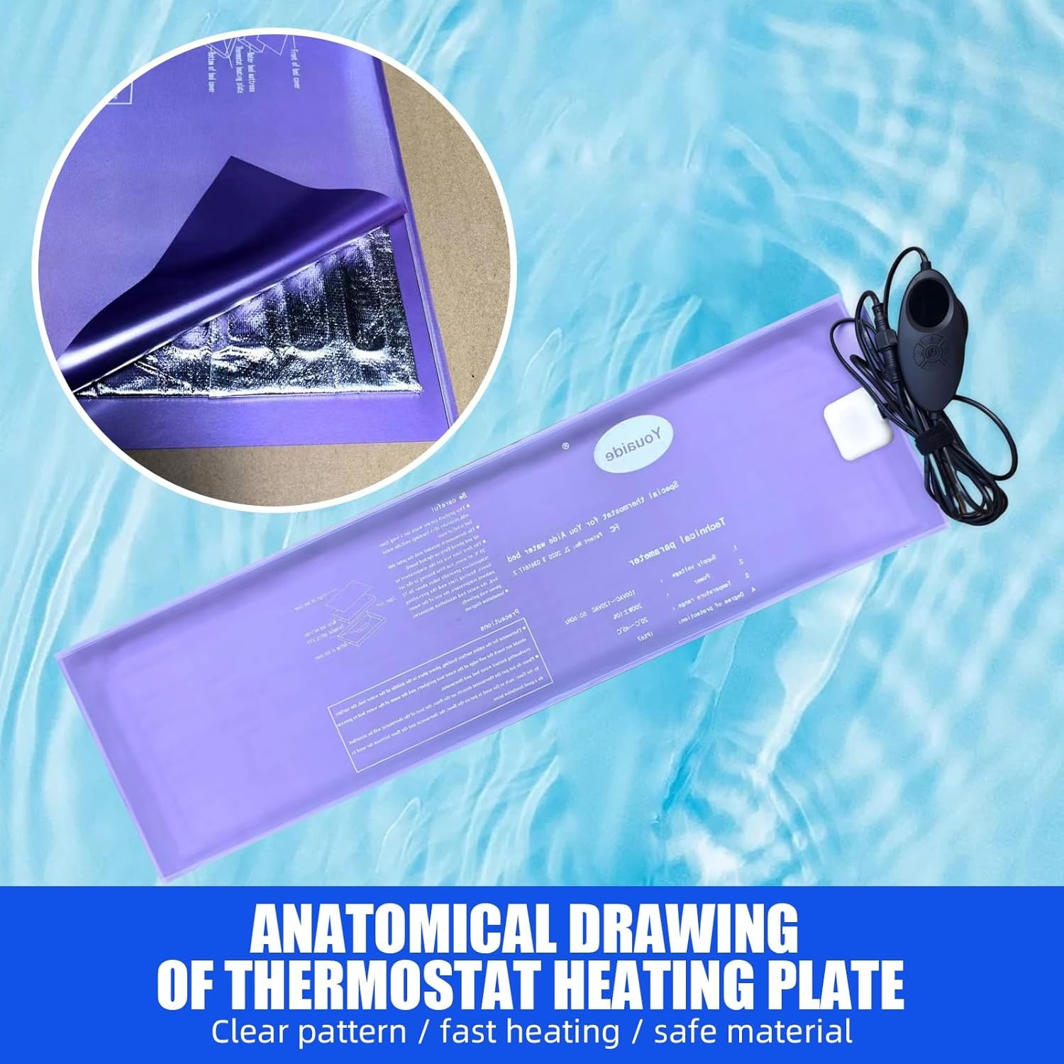 Smart Waterbed Heater with LED Digital Controller, 250W Waterbed Heating Pad for