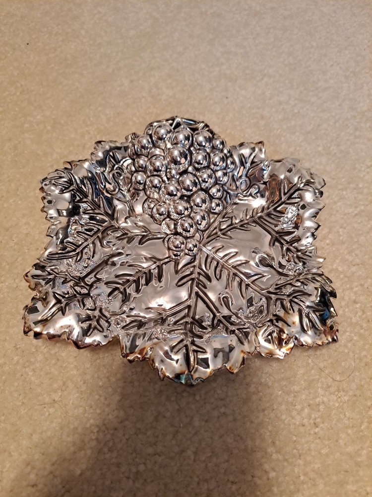 Vintage GODINGER Silver Plated Candy Dish Grape Cluster & Leaf Design 7"×7"