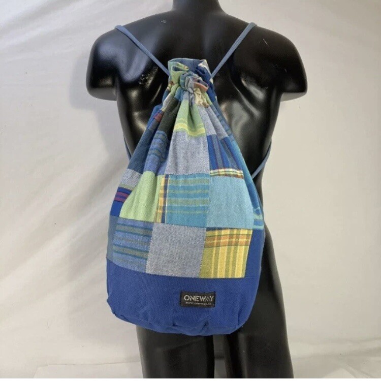 One-Way Kikoy Patchwork Drawstring Backpack Cinch Sack Waterproof Handmade