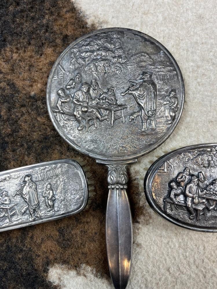 VTG Hans Jensen Denmark Silver Plate Repousse Combs & Mirror
