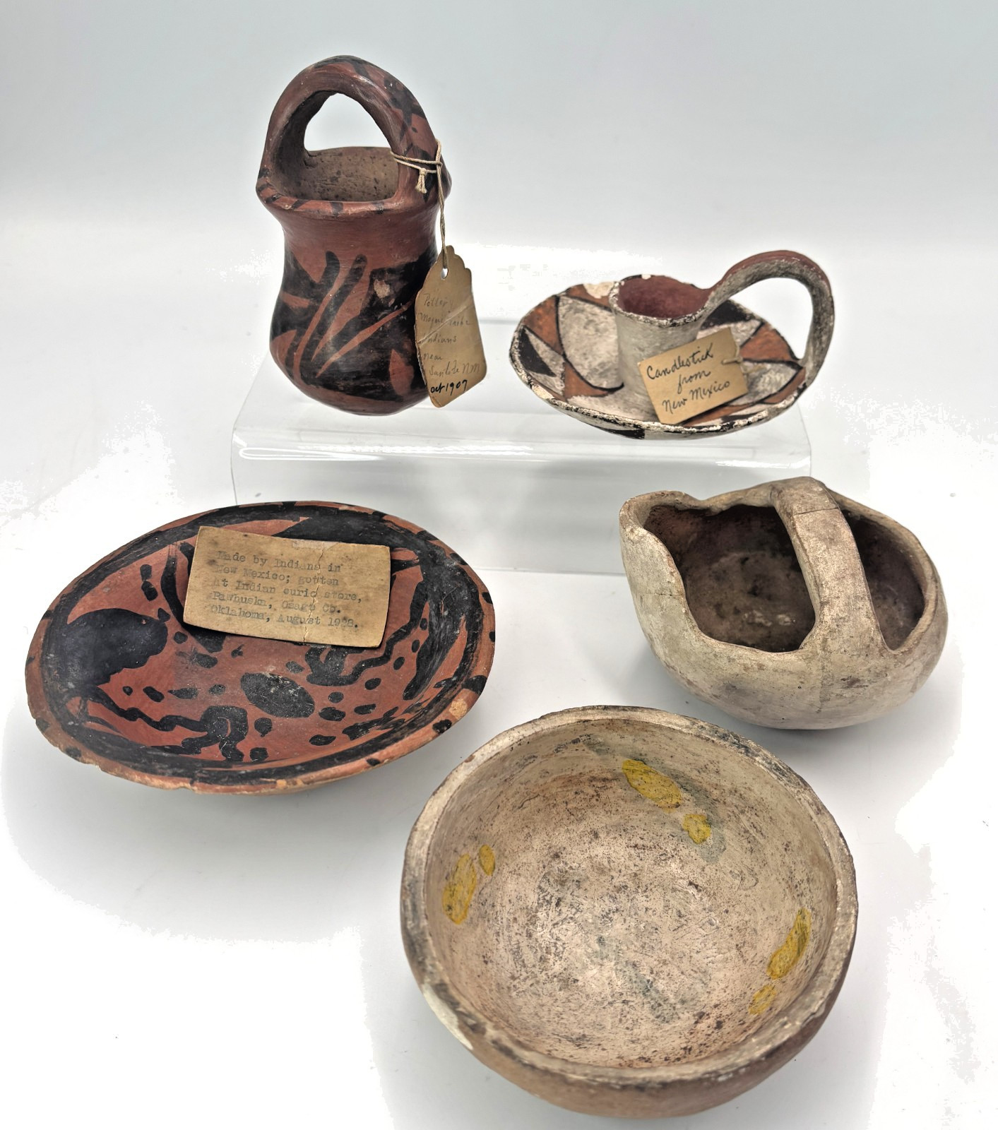 Antique Acoma Pueblo Pottery Candle Stick Holder w/ Old Tag Early 20th Century