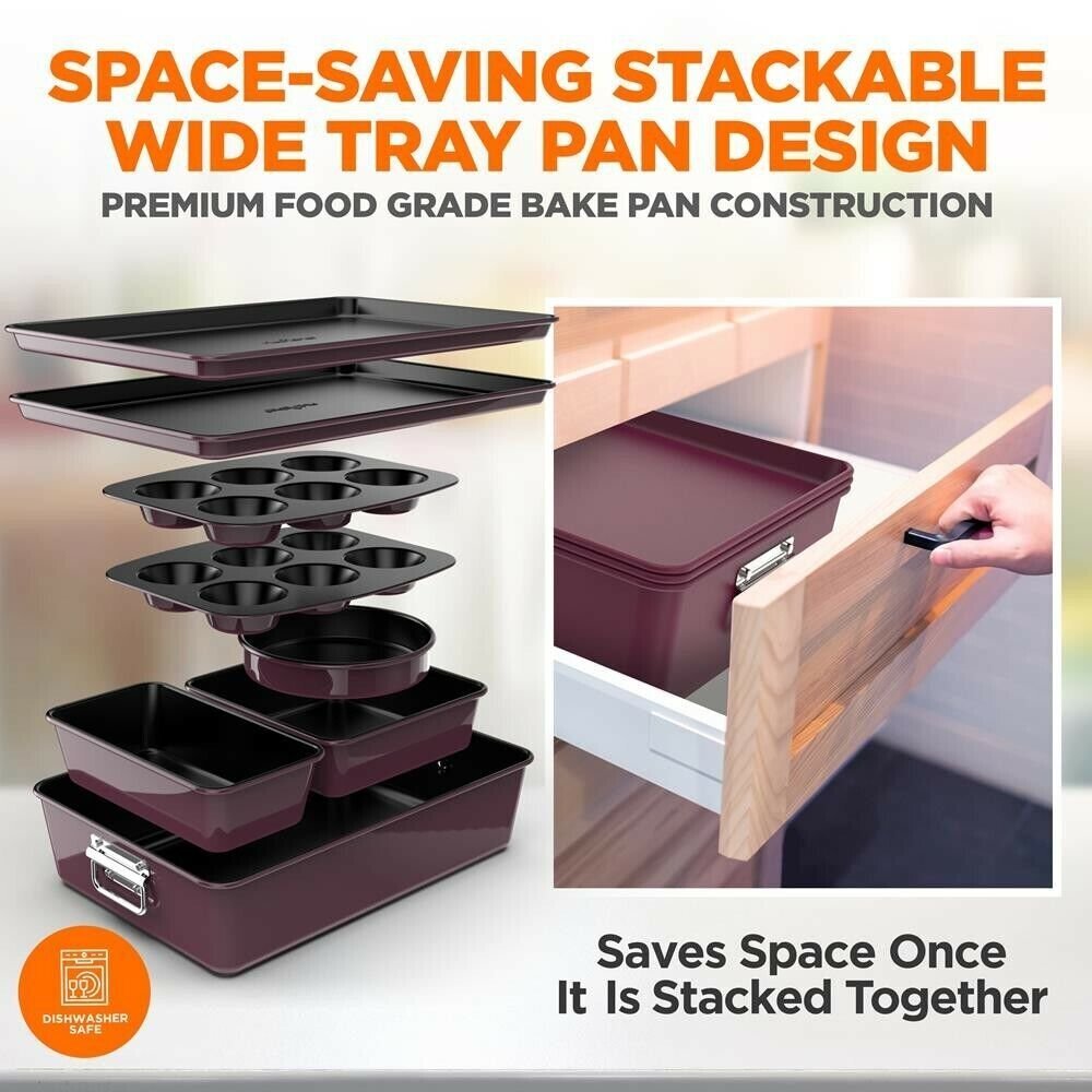 Nutrichef 8pcs. Stackable Carbon Steel Bakeware Sets- Non-Stick Coating (Purple)