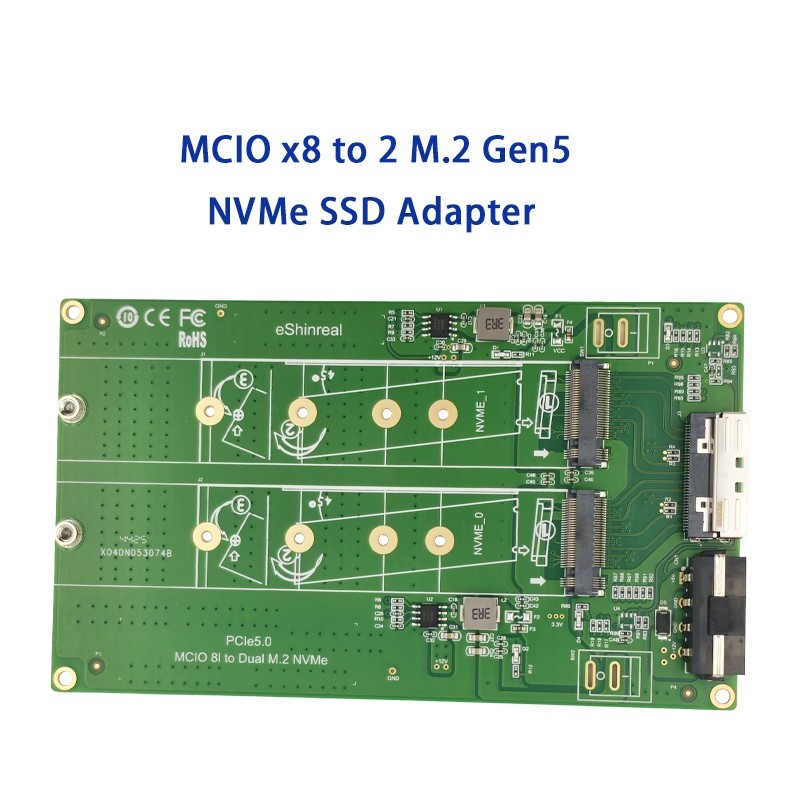 MCIO x8 to 2 M.2 Gen5 NVMe SSD Adapter