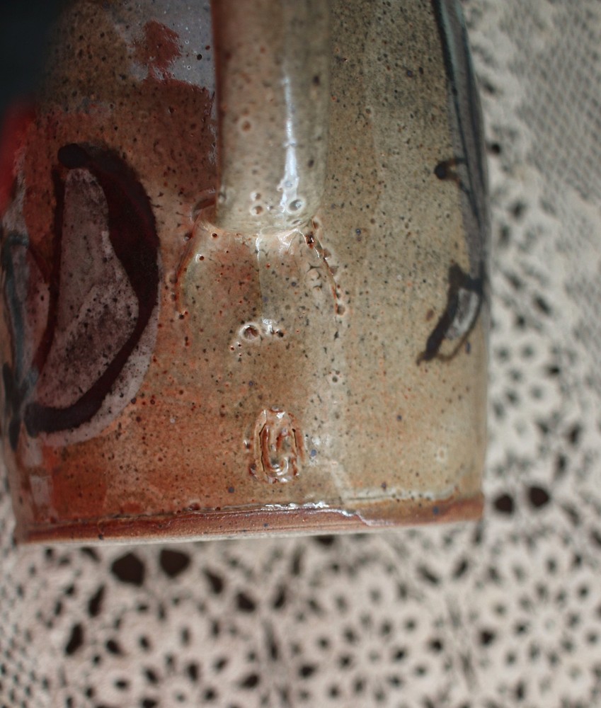 Art Pottery Studio Pitcher Signed LS Tan Brown Decorative Fish Pattern Speckled
