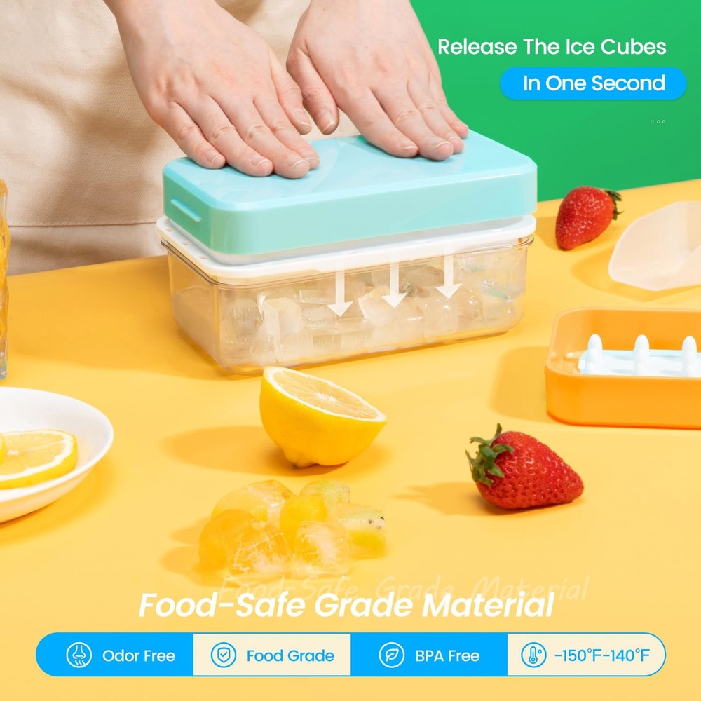 2PC Ice Cube Tray with Lid and Bin 56 Cubes BPA Free Easy Release Stackable