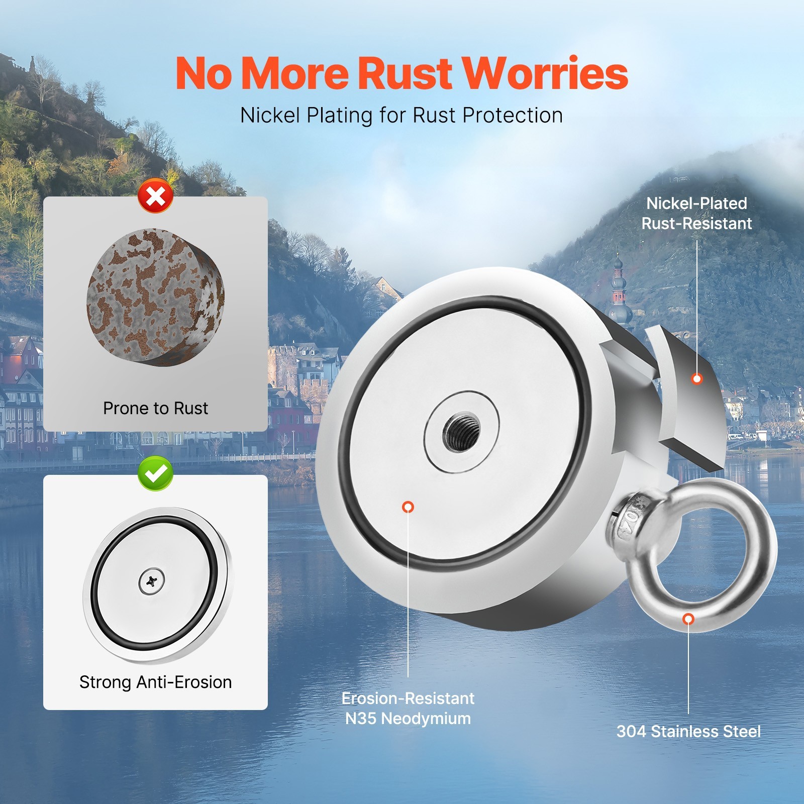 2000 LBS Strong Fishing Magnet Kit Double-Sided Pull Force and Rope Carabiner