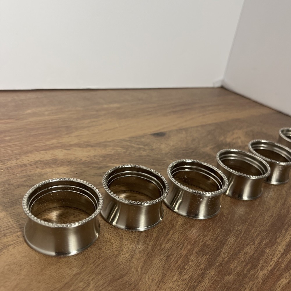 6 Silver Tone Beaded Edged Napkin Rings