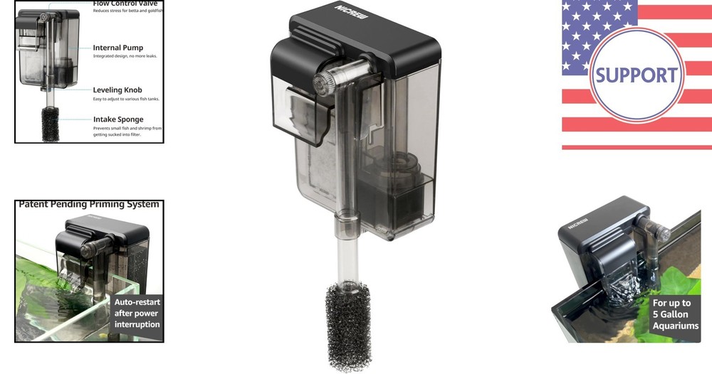 Slim Quiet Aquarium Filter for 1-5 Gallon Tanks - Adjustable Flow, Easy Setup