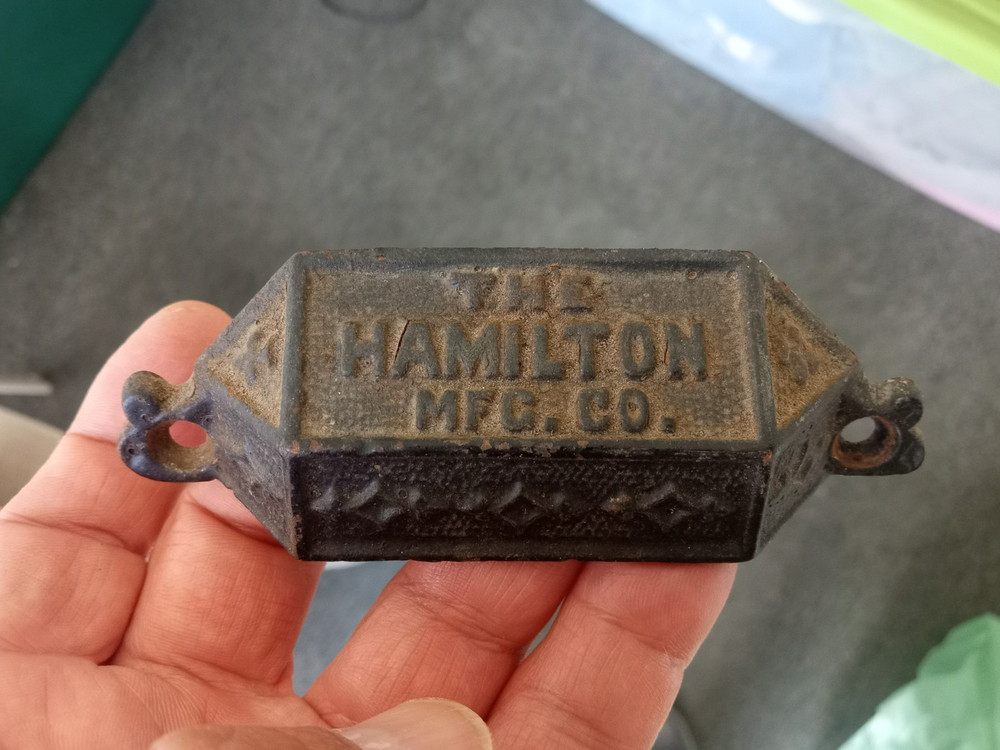 Vintage Hamilton Mfg Co. Printers Block Cast Iron Drawer Pull Ornate Beveled 4"