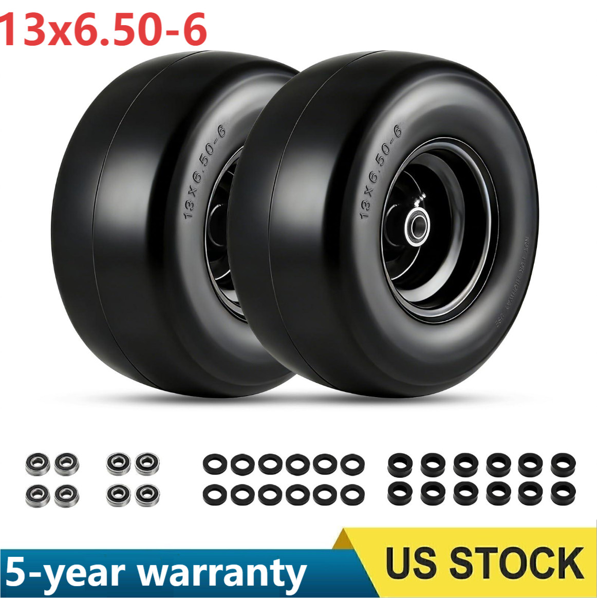 2 pack 13x6.50-6 Flat Free Tire Wheel Set w/ Bearing For Zero-Turn Lawn Mower