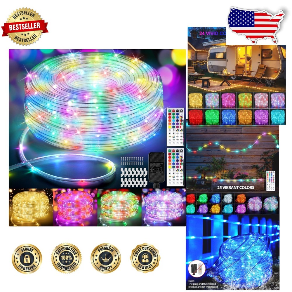 Waterproof 100ft LED Rope Lights Outdoor 300 LEDs Remote Control Timer
