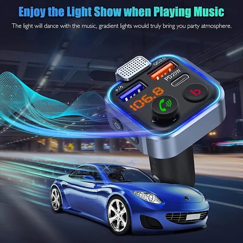 Bluetooth 5.0 Car Wireless FM Transmitter Adapter USB PD Charger AUX Hands-Free