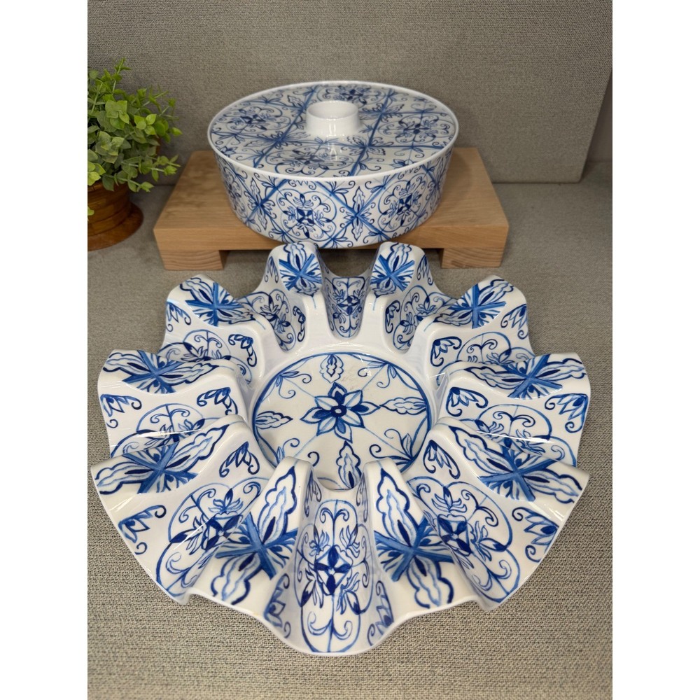 House & Garden spinning Melamine Taco Serving Set Blue White Tile Pattern 2 Pc