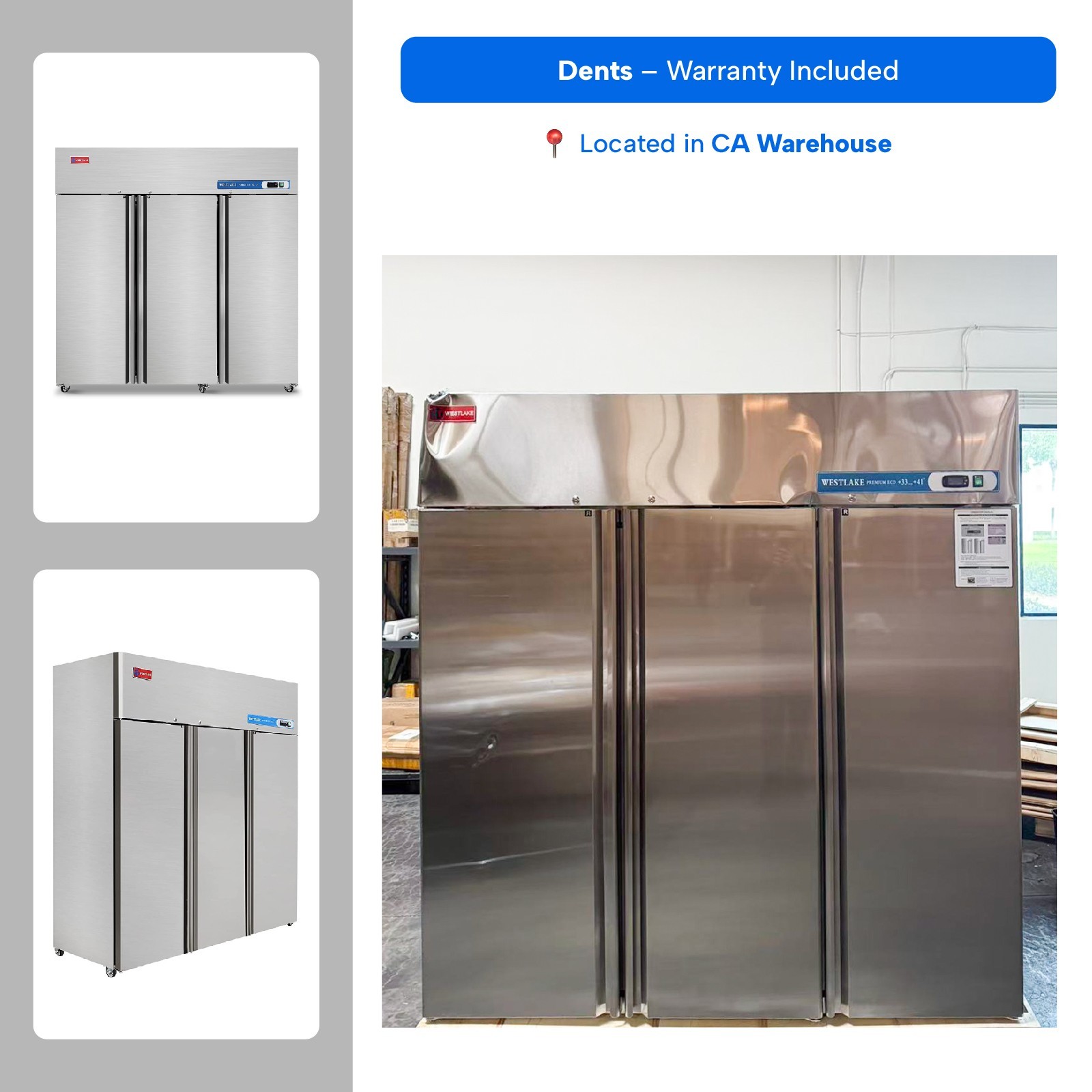 72" W 3-Door Commercial Reach-In Refrigerator, Stainless Steel, 54 Cu.ft – Dents