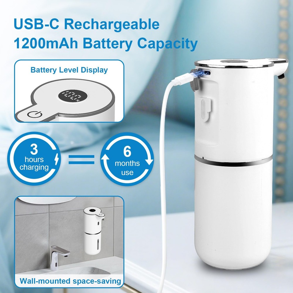 OHIFAST Automatic Liquid Soap Dispenser Touchless, USB Rechargeable White