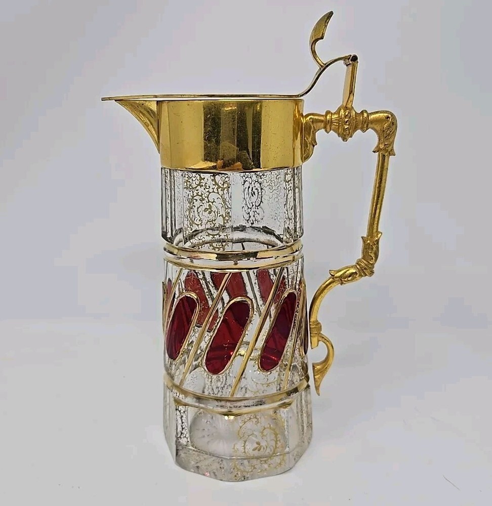 Bohemian Glass Syrup Pitcher Ruby Cabochons Gold Filagree C. 1880s