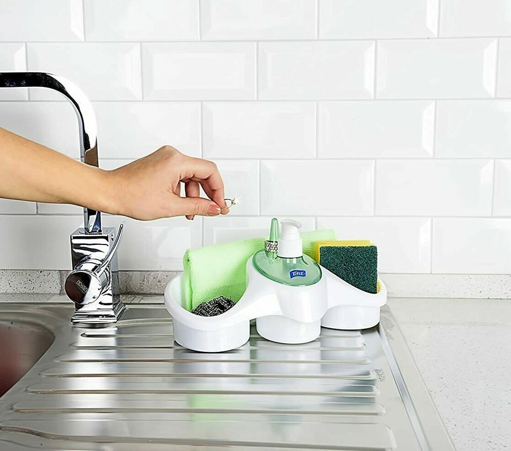 Kitchen Liquid Soap Dispenser Sponge Holder Counter Top Organizer