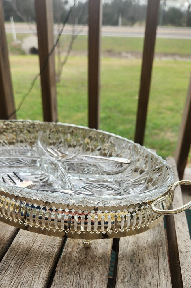 Vintage Sheffield England Clear Pressed Glass Divided Dish Silverplate Holder