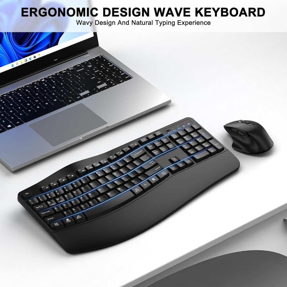Wireless Keyboard and Mouse Combo, 2.4G Full Size Wave Keys Ergonomic Keyboard