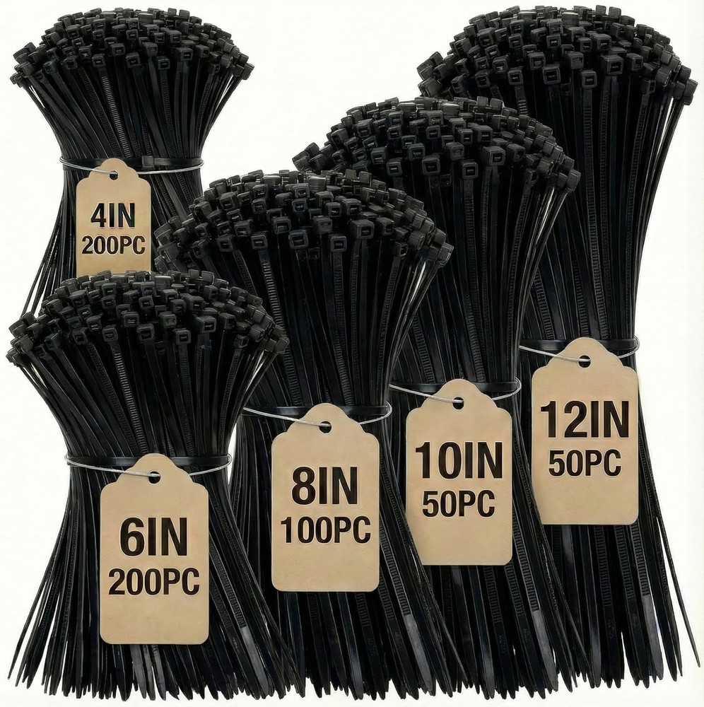 Black Zip Ties Assorted Sizes 4+6+8+10+12-Inch，600Pcs Multi-Purpose Self-Locking