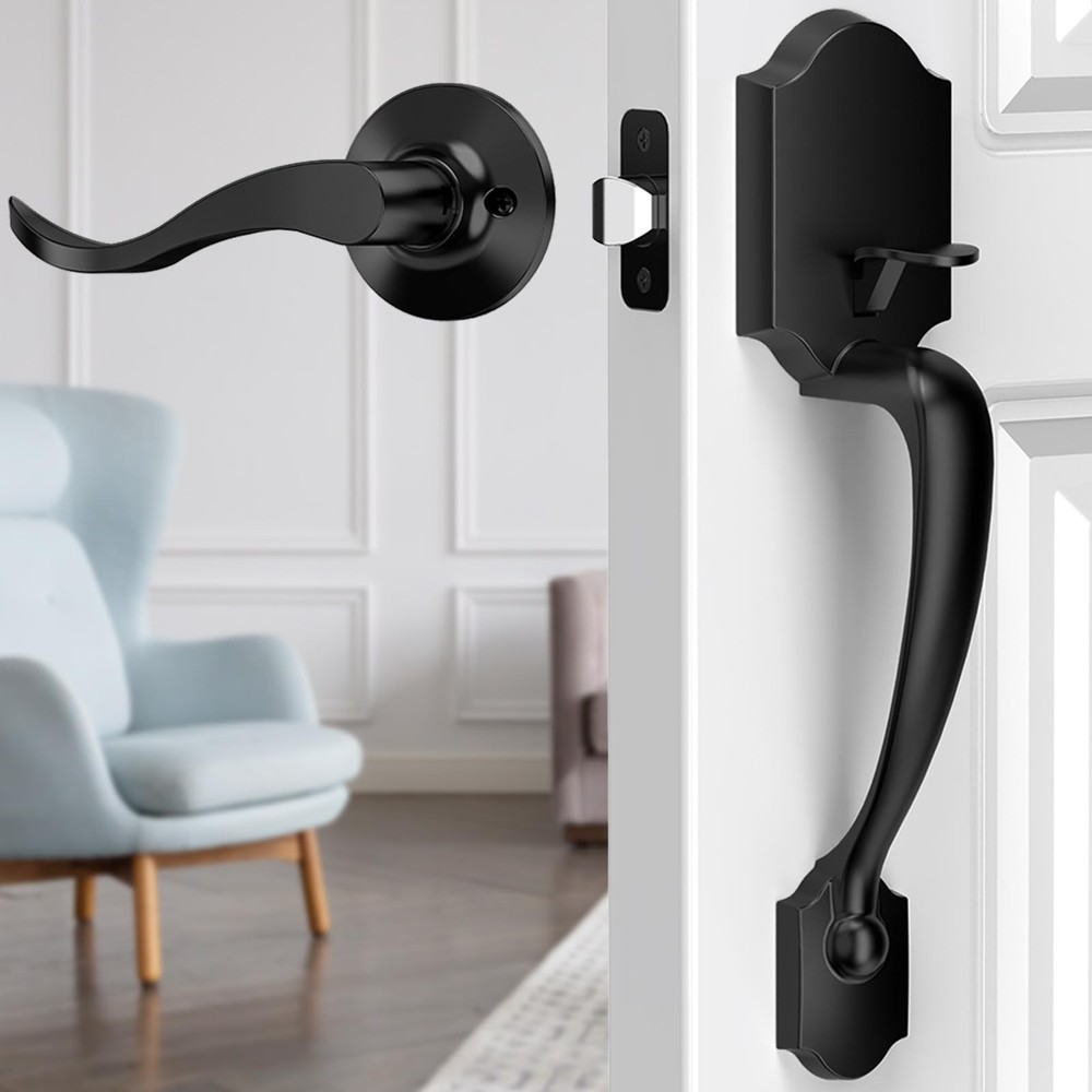 Black Exterior Front Door Handle With Reversible Lever - Classic Entry Handle...