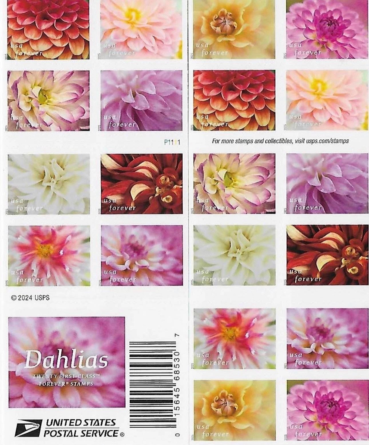 2025 USPS SHEET OF 20 FIRST CLASS LETTER STAMPS DAHLIAS 78¢