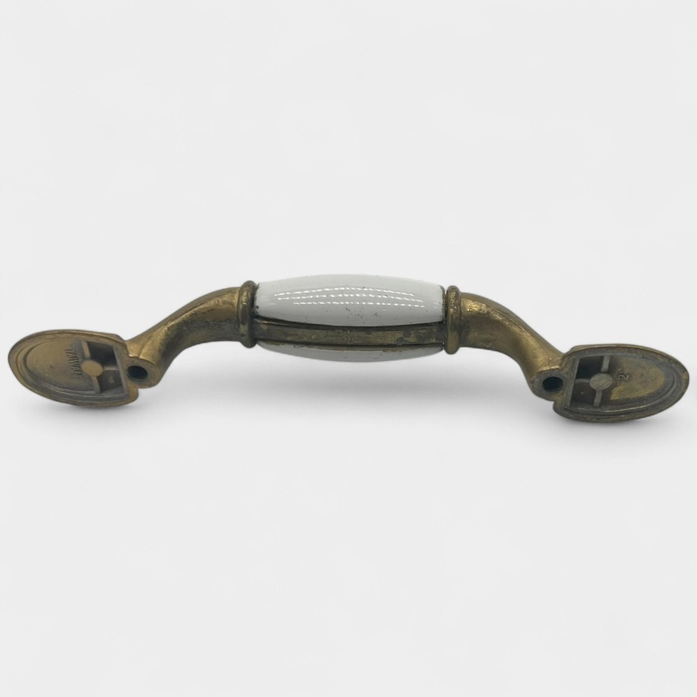 19 Vintage Brass plated & White Ceramic Drawer Pulls + 3 Matching Knobs