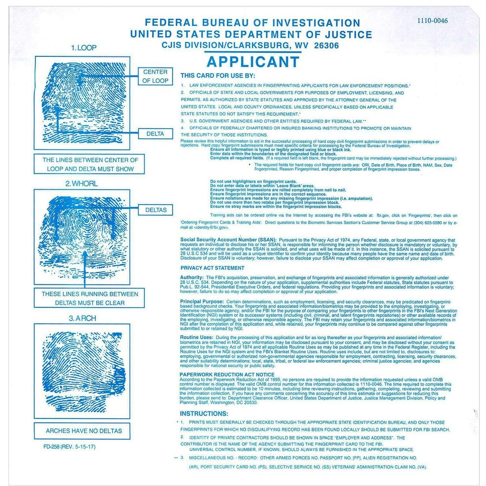 Fingerprint Cards, Applicant FD-258, 50 pack