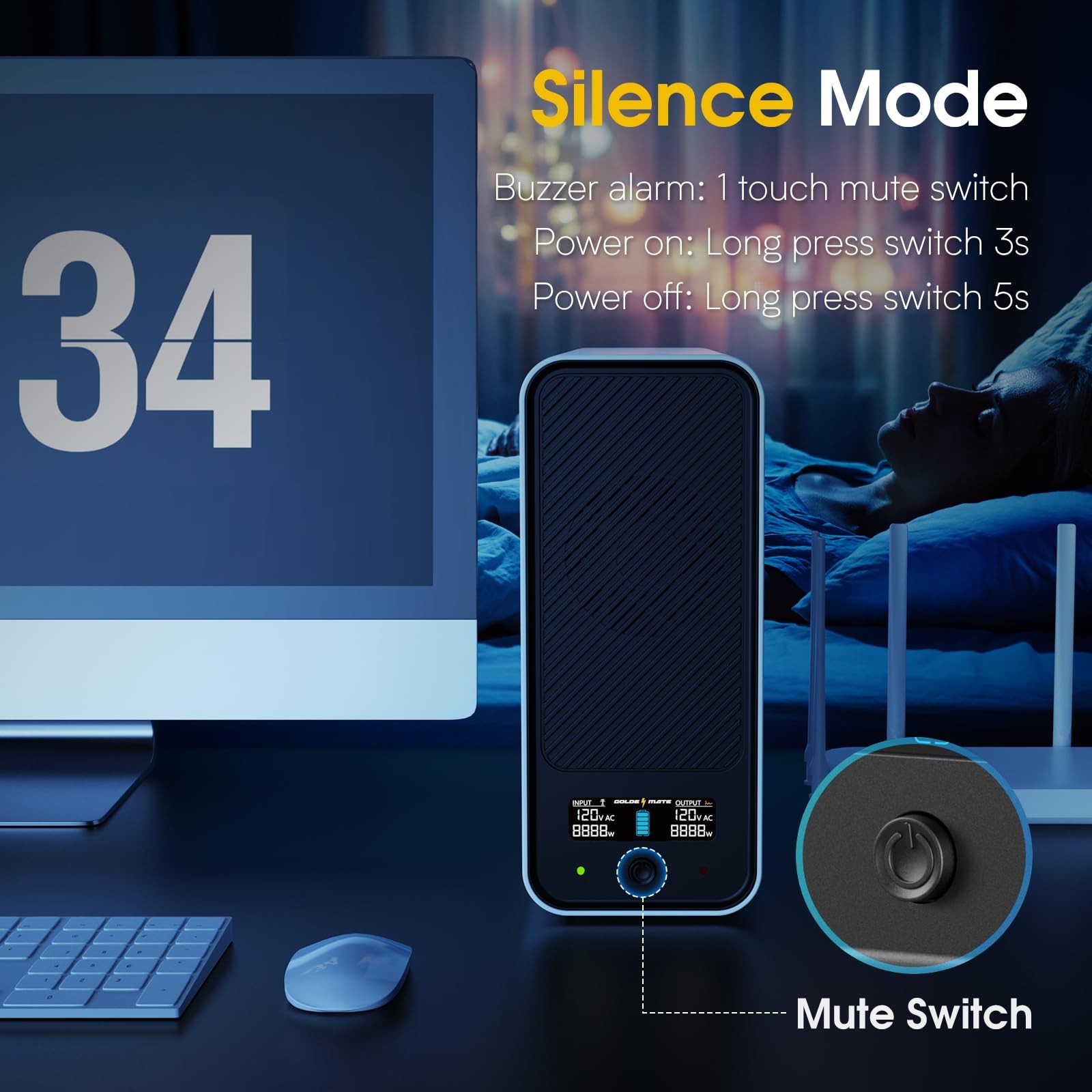 Goldenmate Back-UPS 1000VA/800W LiFePO4 Battery Backup UPS Surge Protector