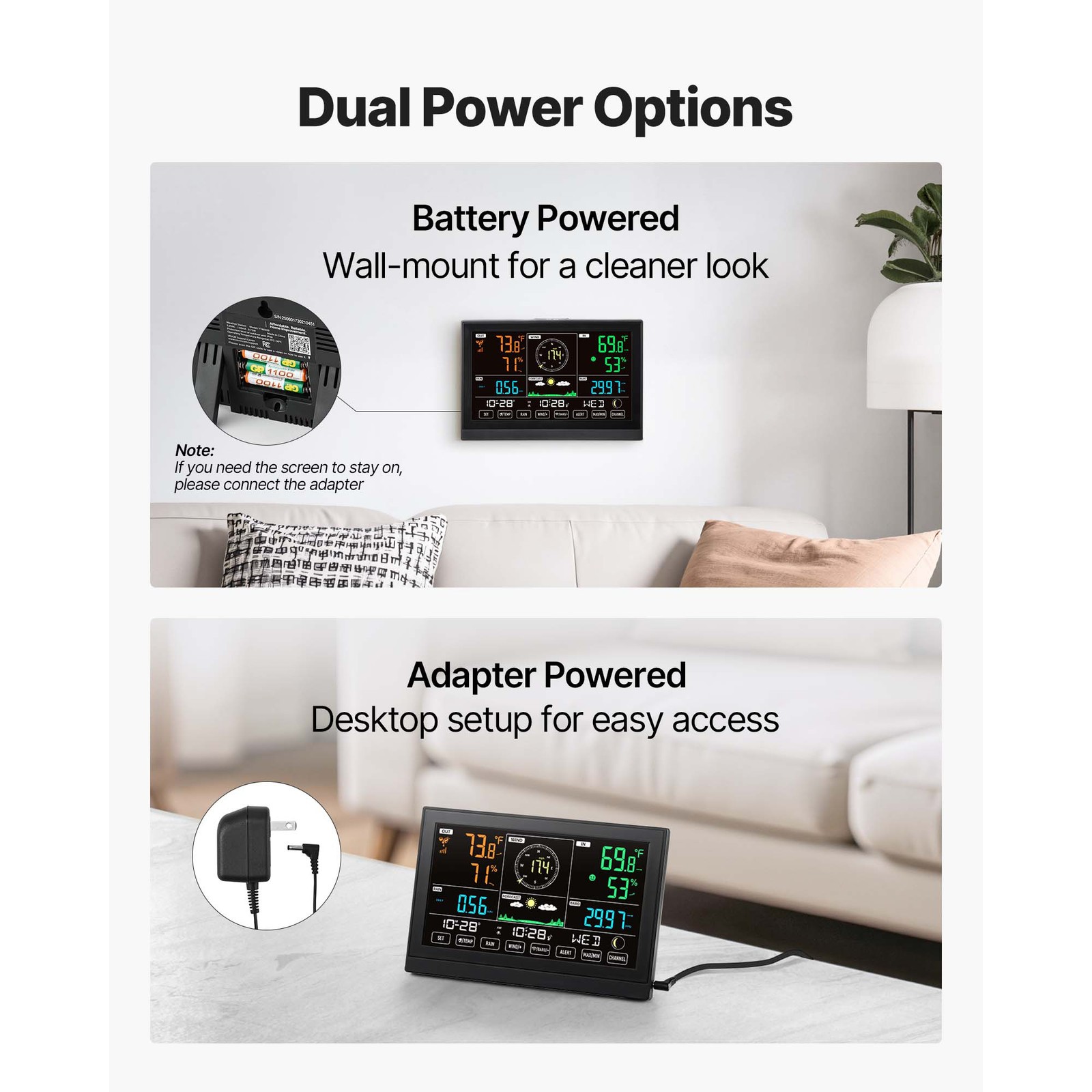 Uimoso 5-in-1 Wireless Weather Station 7.5'' Display and Indoor-Outdoor Sensor