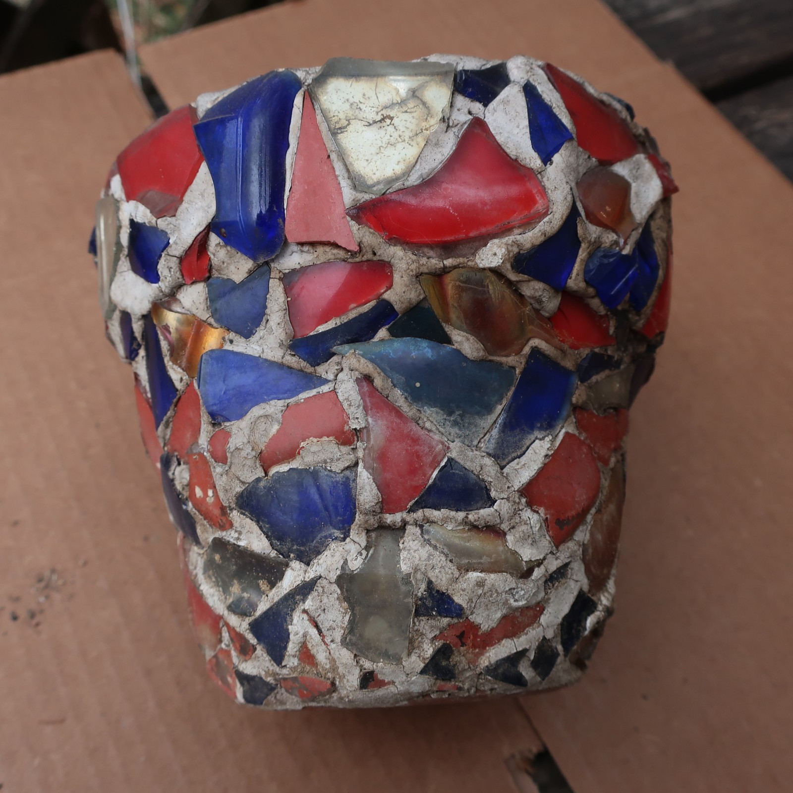 Old Antique Memory Jug Mosaic Glass Pieces over Flower Pot Crock Folk Art