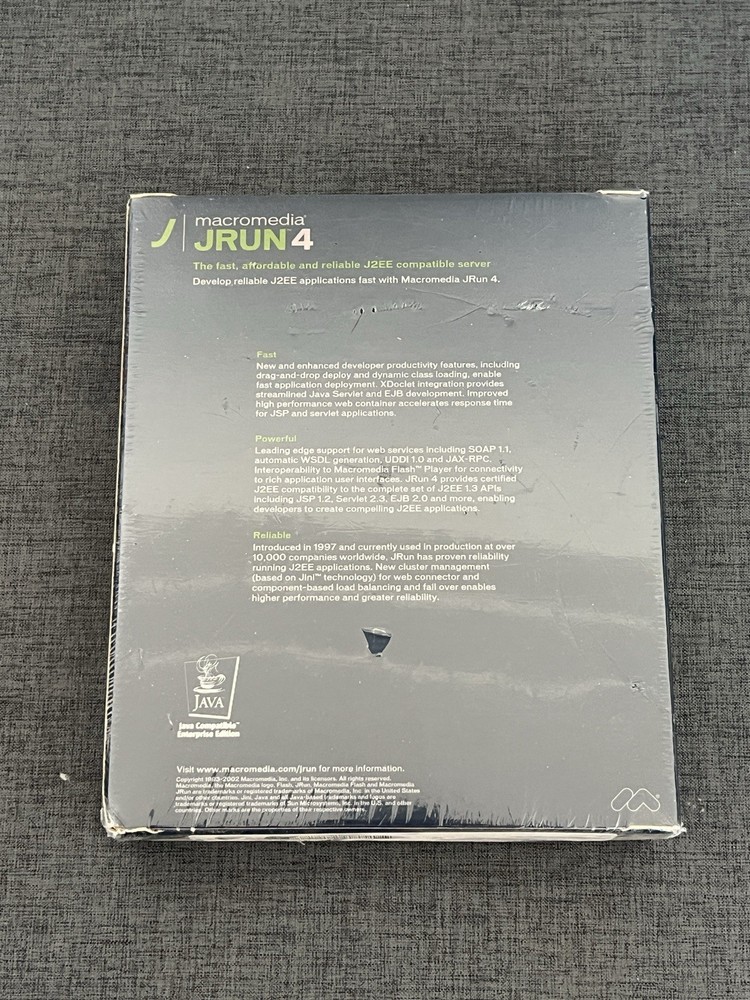 Macromedia JRun 4  Java/J2EE Server for 1 CPU   SEALED BOX NEW!  JRD04D001