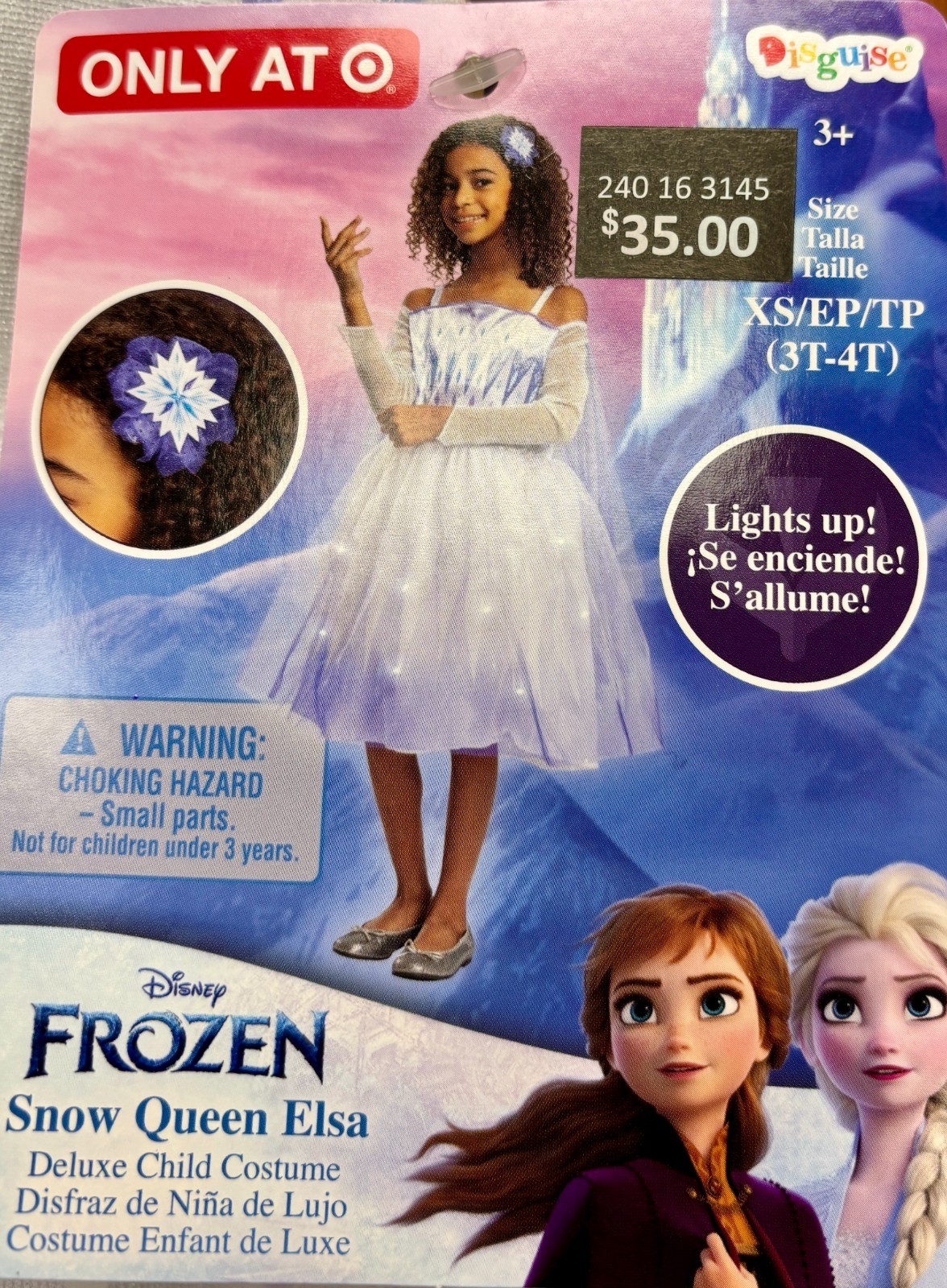 Frozen 2 Elsa Light up Kids' Costume Dress with Headpiece, Size XS (3T-4T), New