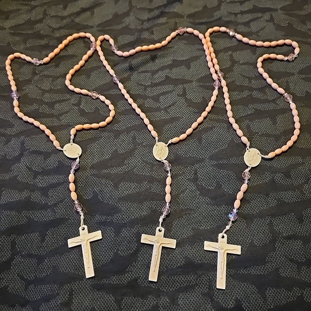 3 VTG Catholic Prayer Rosary Plastic Bead Necklace Baby Pink Mary Crucifix USA