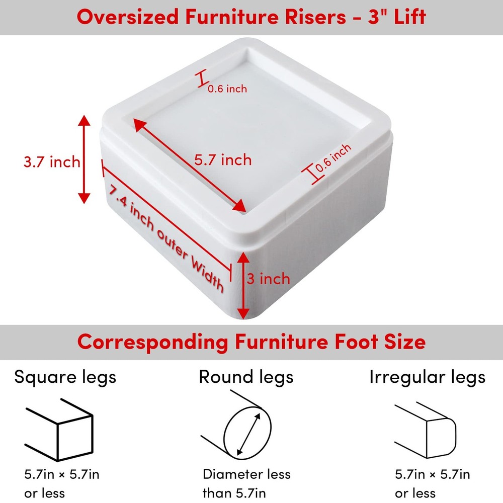 Oversized Bed Risers 4 Pack White Stackable 3 or 6 inch Heavy Duty Lifts