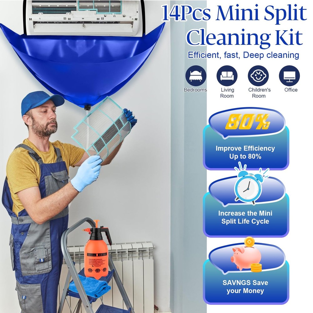 Large Size Mini Split Cleaning Kit, 14 Pcs Mini Split Cleaning Bag with 2L Hi...