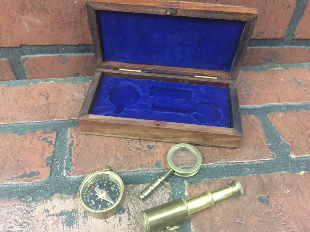 Vintage Navigation Set, Telescope, Compass, Magnifying Glass
